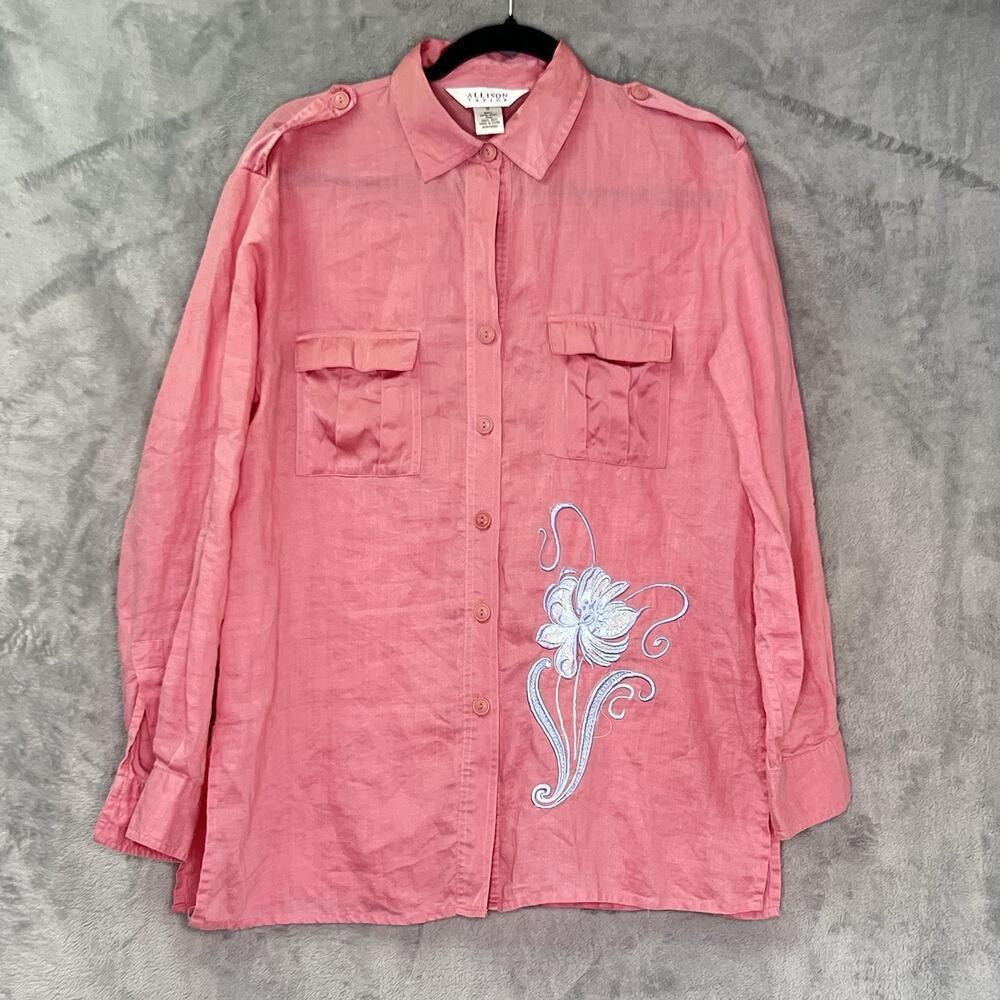 Allison Taylor Linen Silk Trim Pink Button Down Embroidery Long Sleeve Blouse M